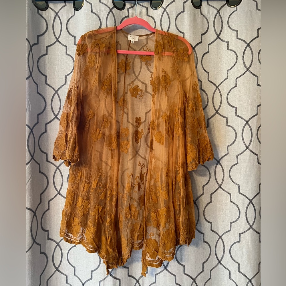 Dee Elly Mesh Kimono with Embroidered Floral Bell Sleeve